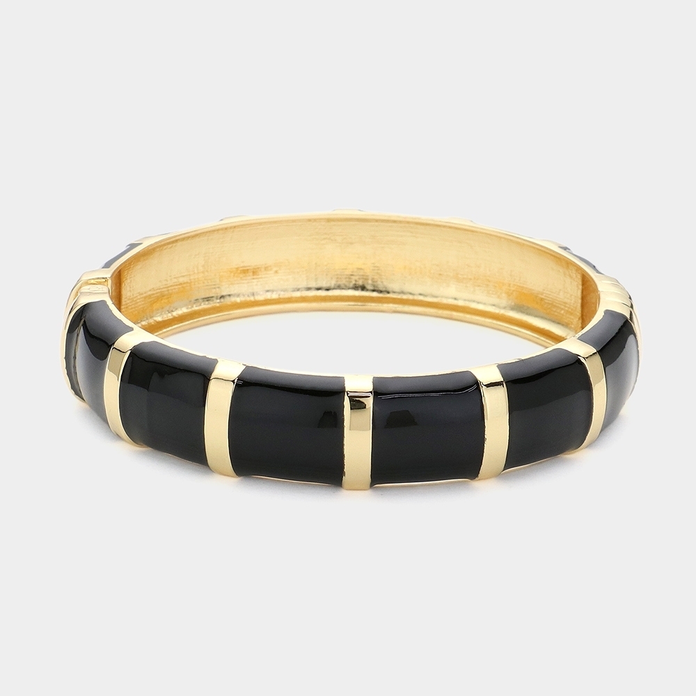 Black Gold Striped Bamboo Style Bangle Bracelet Jewelry Hinged